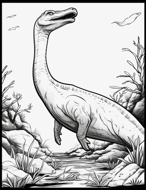 Un disegno di un dinosauro con collo lungo e collo lungo.