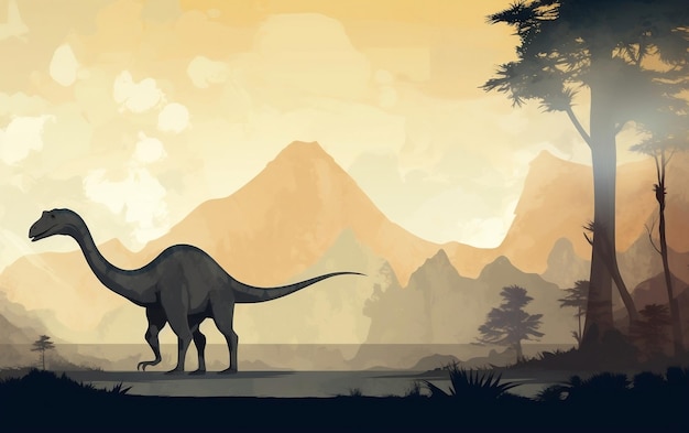 Un disegno di un dinosauro con le montagne sullo sfondo.