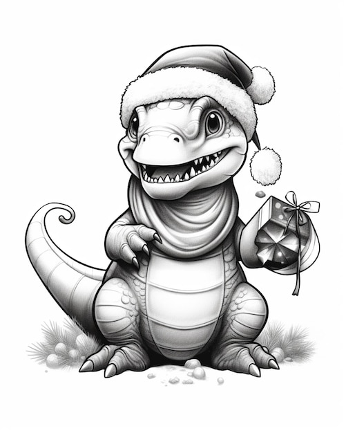 un disegno di un dinosauro con un cappello di Babbo Natale e una campana generativa ai