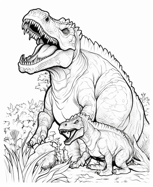 Un disegno di un dinosauro e del suo bambino nell'erba generativa ai