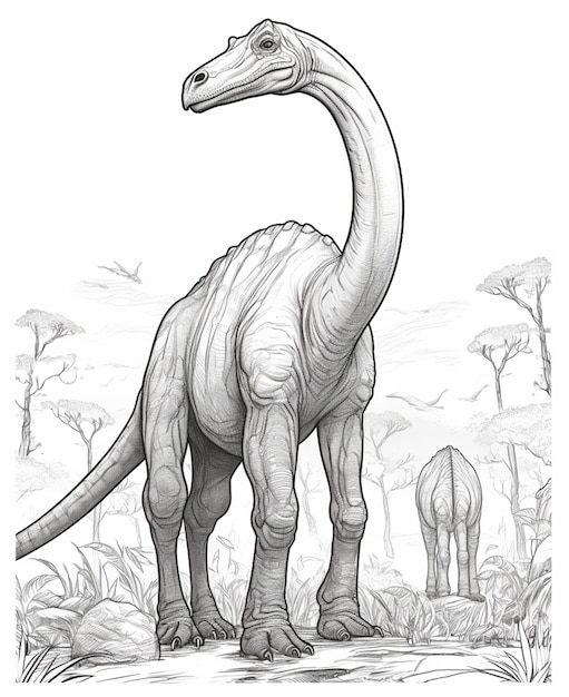 Un disegno di un dinosauro in piedi nell'erba con la testa verso il basso