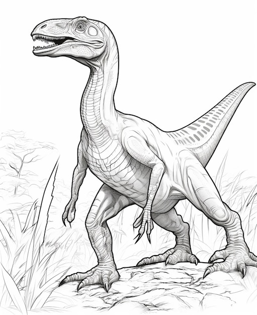 Un disegno di un dinosauro in piedi su una roccia nell'erba generativa ai