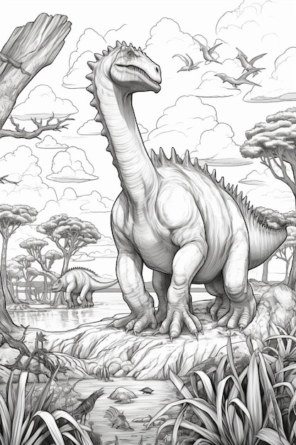 un disegno di un dinosauro in un campo con alberi e cespugli ai generativa