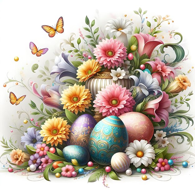 un disegno di un dipinto di uova di Pasqua e fiori