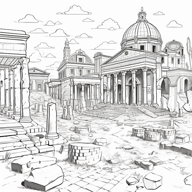 un disegno di un disegno di una città romana con una torre dell'orologio ai