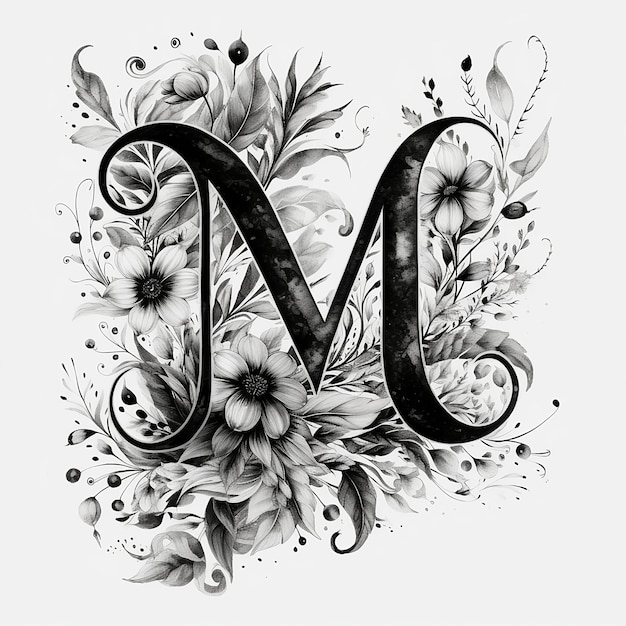 Un disegno di un disegno floreale con la lettera m in bianco e nero.