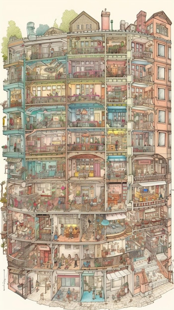 Un disegno di un edificio con molte finestre e la scritta "cafe" sul fondo.