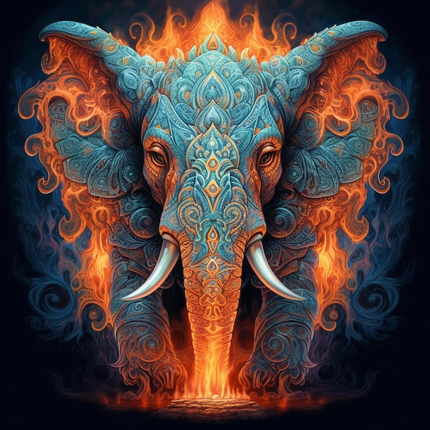 Un disegno di un elefante con una fiamma sopra