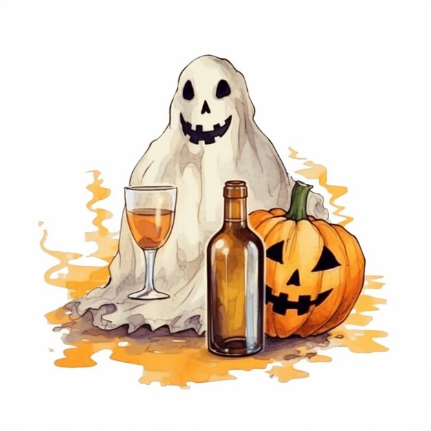 un disegno di un fantasma e una bottiglia di vino.