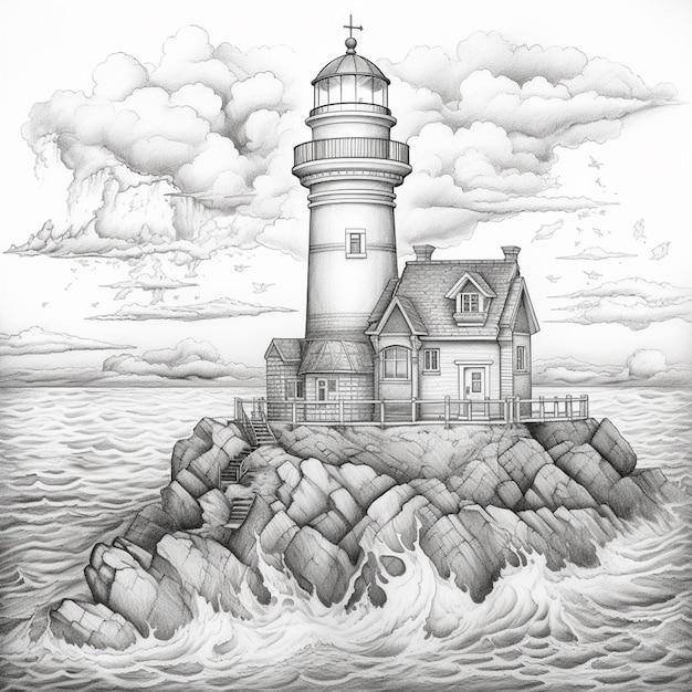 Un disegno di un faro su una roccia nell'oceano.