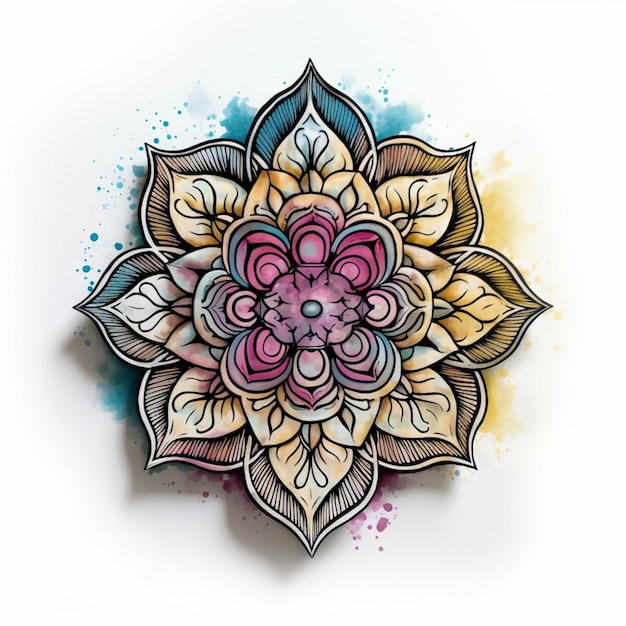 Un disegno di un fiore con schizzi ad acquerello e la parola loto su di esso.