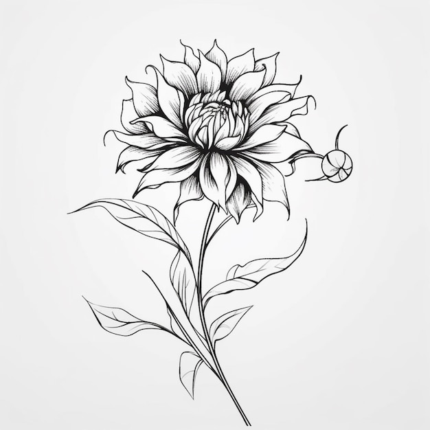 Un disegno di un fiore dalia con stelo e bacche.