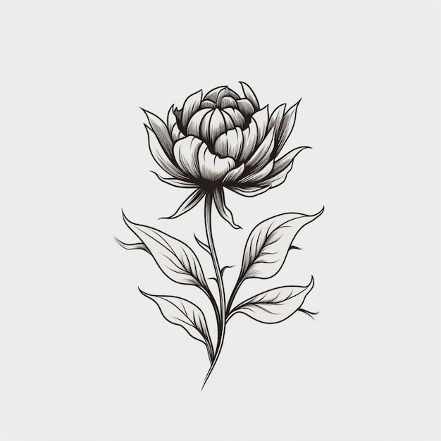 Un disegno di un fiore di peonia con foglie su di esso