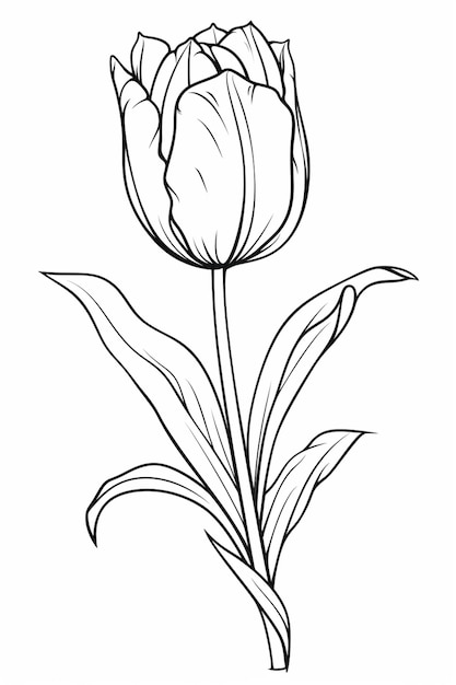 Un disegno di un fiore di tulipano con foglie su uno sfondo bianco ai generativo