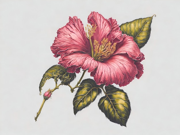 un disegno di un fiore rosa con foglie