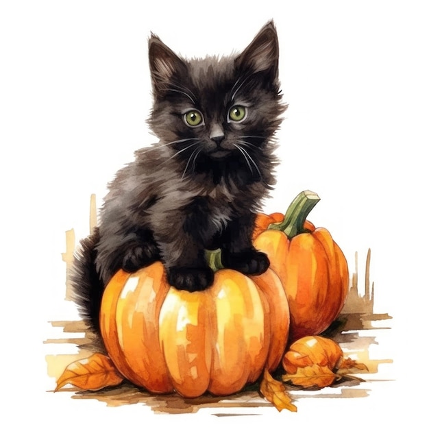 un disegno di un gattino nero seduto su una zucca con sopra un gattino nero.