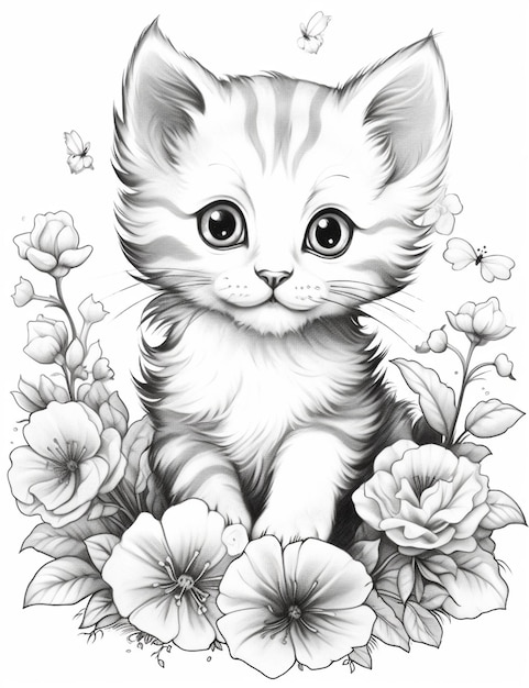 un disegno di un gattino seduto in un giardino di fiori con farfalle generative ai