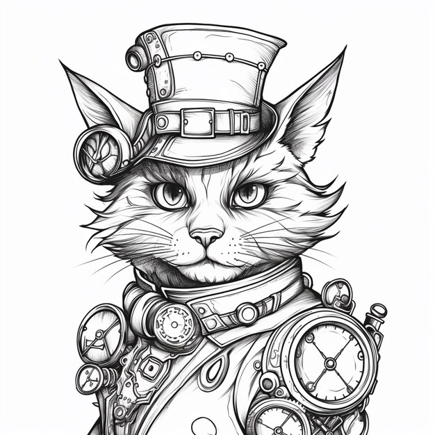 un disegno di un gatto che indossa un cappello a cilindro e un orologio ai generativo