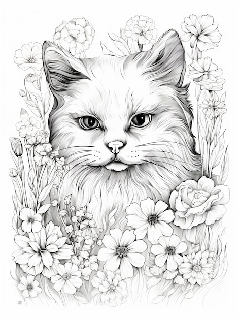 un disegno di un gatto con fiori e una farfalla sullo sfondo