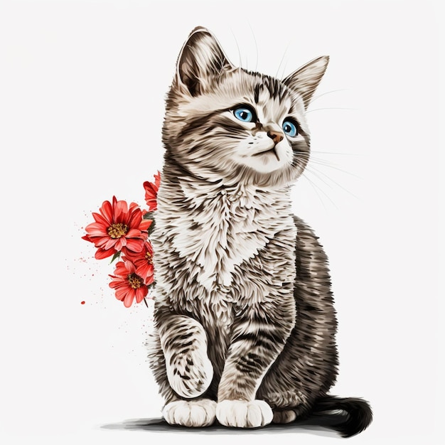 Un disegno di un gatto con gli occhi azzurri e un fiore davanti.