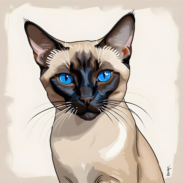 un disegno di un gatto con gli occhi blu e una striscia bianca sulla faccia