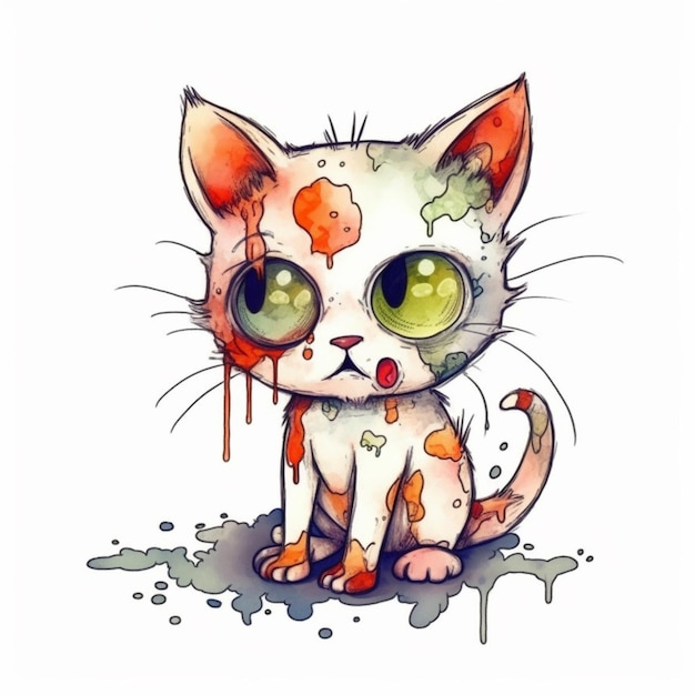 Un disegno di un gatto con il sangue sulla faccia