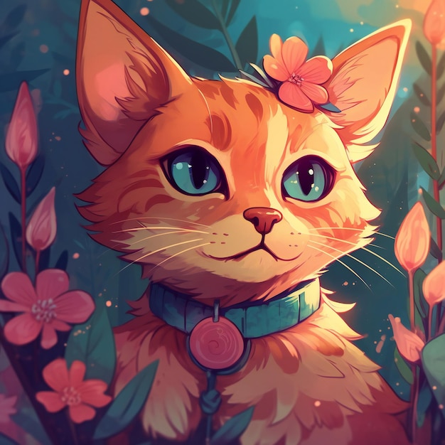 Un disegno di un gatto con un fiore sul collare.