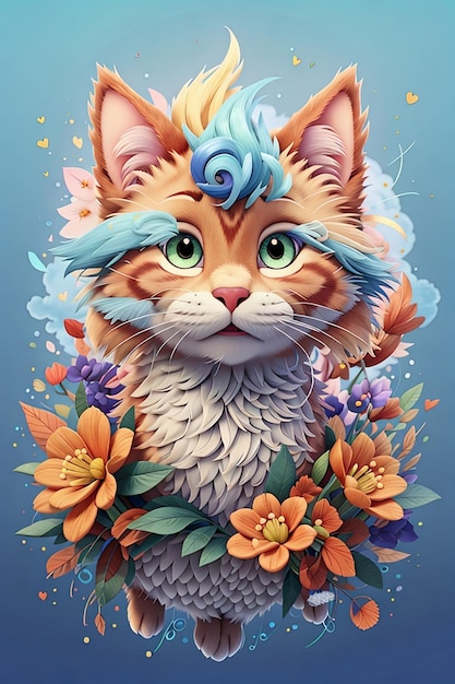 un disegno di un gatto con una corona di fiori e una corona di fiori.