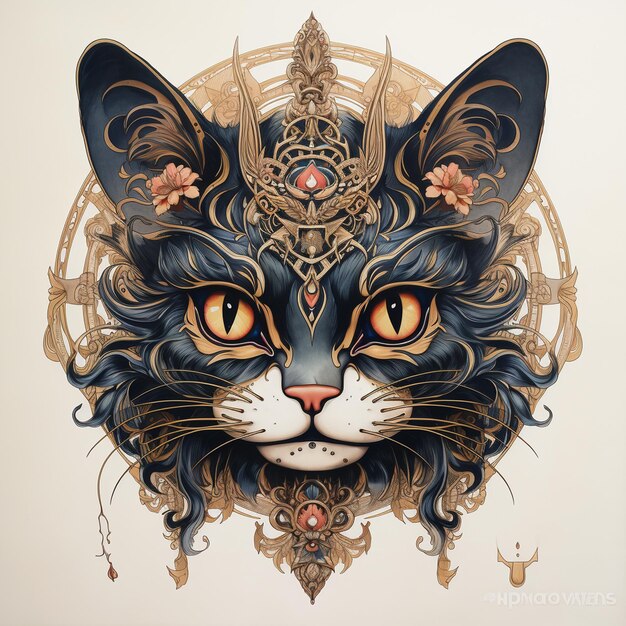 Un disegno di un gatto con una corona e una cornice d'oro.
