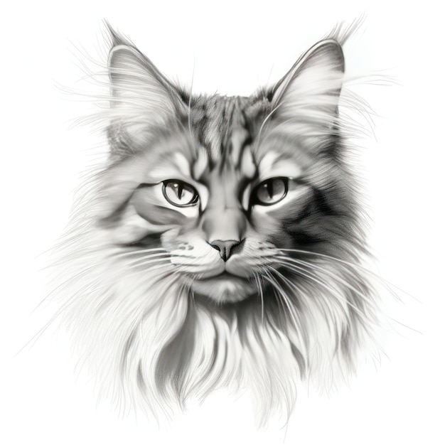 Un disegno di un gatto con una lunga pelliccia e un occhio azzurro.