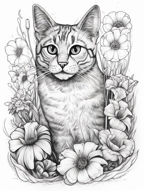 un disegno di un gatto seduto in un giardino di fiori con fiori generativi ai