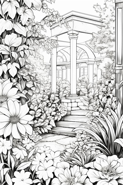 un disegno di un giardino con fiori e un gazebo generativo ai