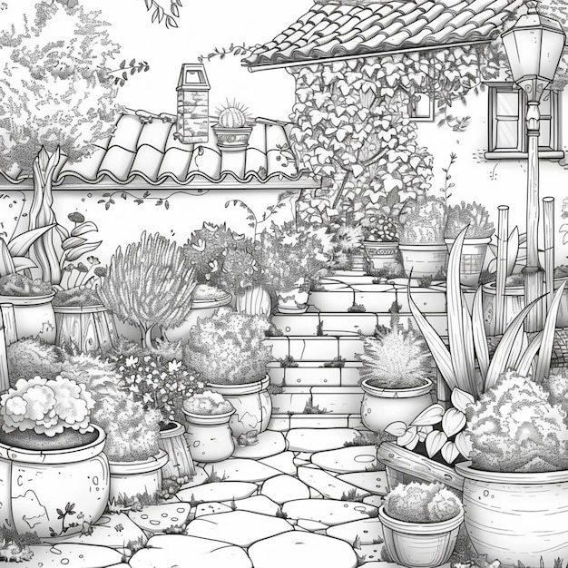 un disegno di un giardino con piante in vaso e una casa generativa ai