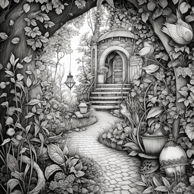 Un disegno di un giardino con un sentiero e una porta generativa ai