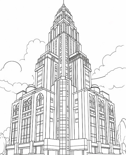 Un disegno di un grande edificio con una torre dell'orologio in cima generativa ai