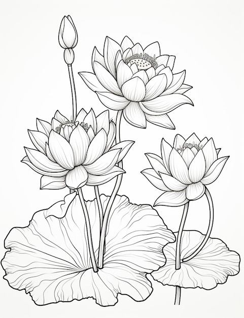 un disegno di un gruppo di fiori con foglie su uno sfondo bianco generativo ai