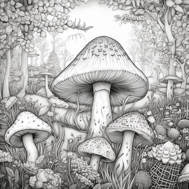 Un disegno di un gruppo di funghi in una foresta generativa ai