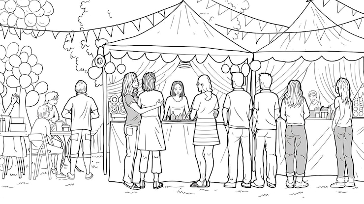 Foto un disegno di un gruppo di persone a un carnevale con un disegno in linea di un gruppo de persone