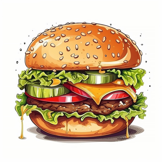 Un disegno di un hamburger con formaggio, pomodoro e cetriolo.