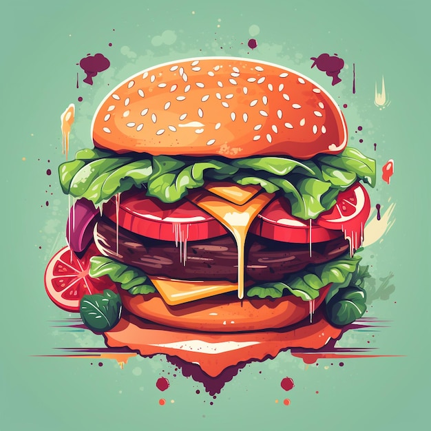 Un disegno di un hamburger con lattuga, pomodoro e formaggio.