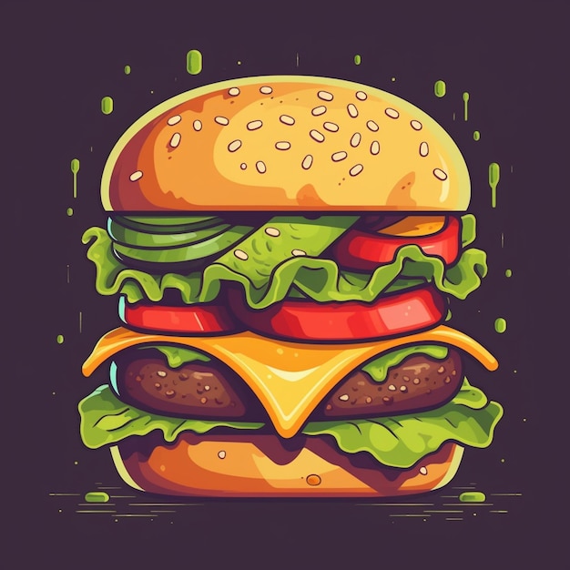 Un disegno di un hamburger con pomodoro, lattuga e formaggio.