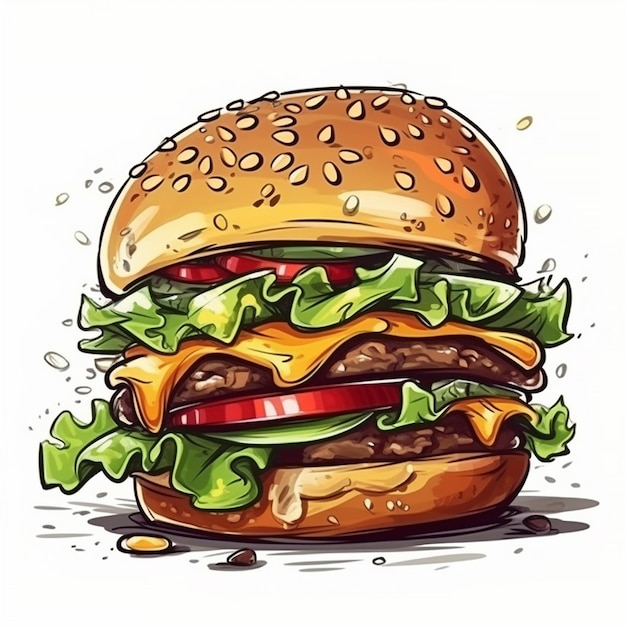 Un disegno di un hamburger con sopra lattuga e pomodoro.