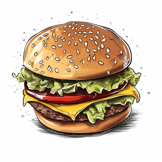 Un disegno di un hamburger con sopra un pomodoro e del formaggio.