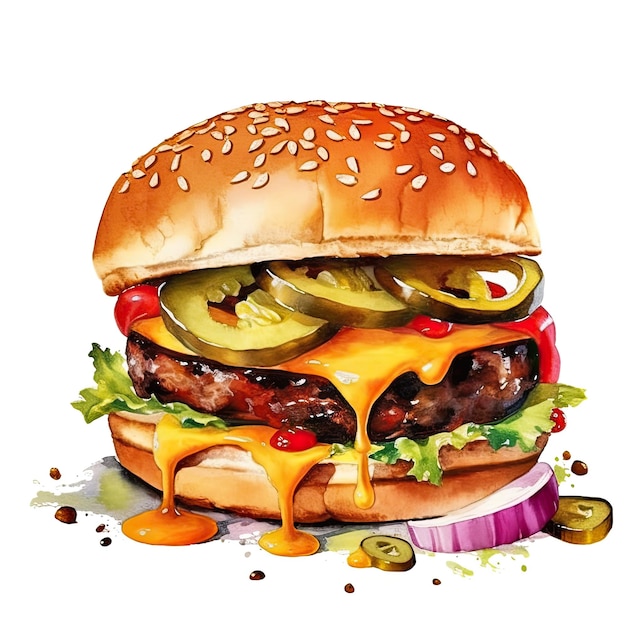 Un disegno di un hamburger con sopra un sottaceto