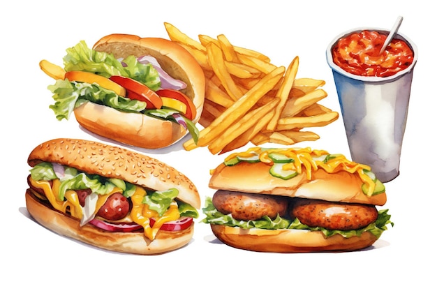 Un disegno di un hamburger e patatine fritte con una tazza di ketchup
