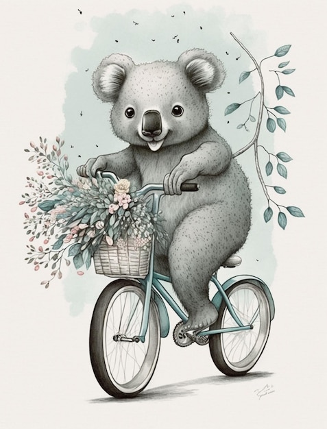 Un disegno di un koala su una bicicletta con un cesto di fiori.