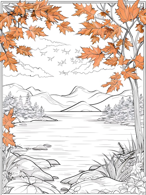 un disegno di un lago con un lago e degli alberi con un Lago e delle montagne sullo sfondo