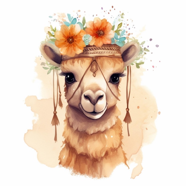 Un disegno di un lama con una corona di fiori in testa.