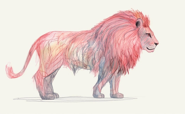 Un disegno di un leone con una criniera rosa.