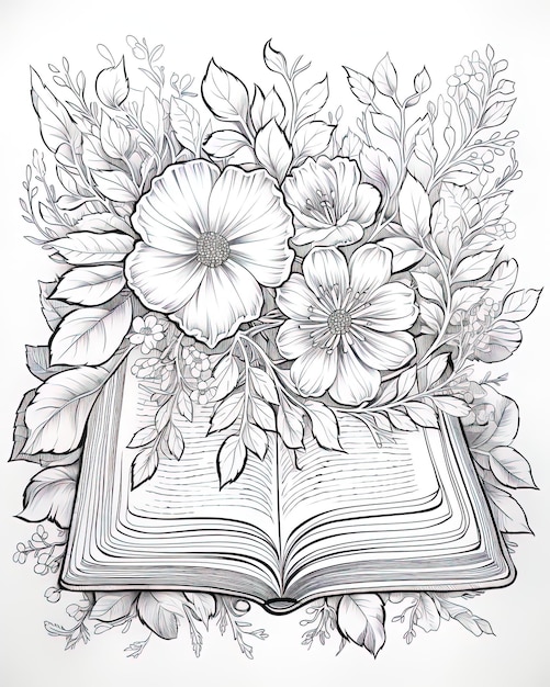 un disegno di un libro con fiori e le parole fiori su di esso